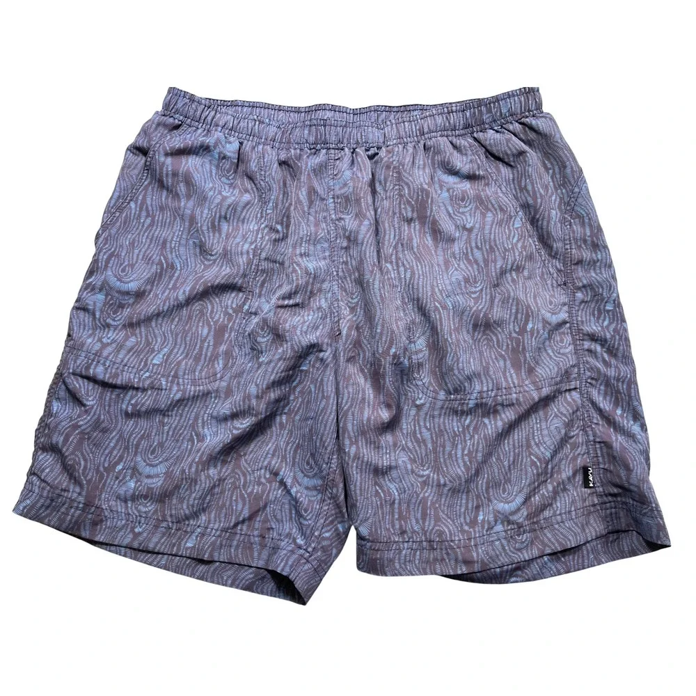 KAVU Mens Medium Hybrid‎ Swim Shorts Brown Blue Abstract Print Elastic Waist